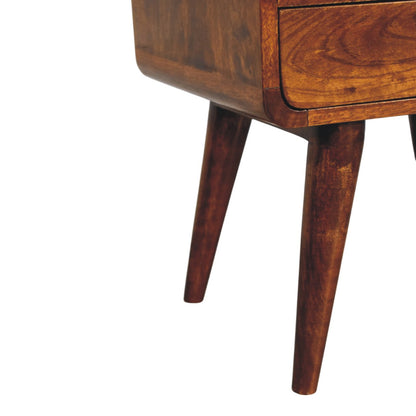 Lower left angle of Chestnut Nightstand highlighting sleek tapered legs