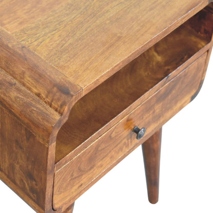 Top left angle view of Chestnut Nightstand showing surface and natural mango wood grain