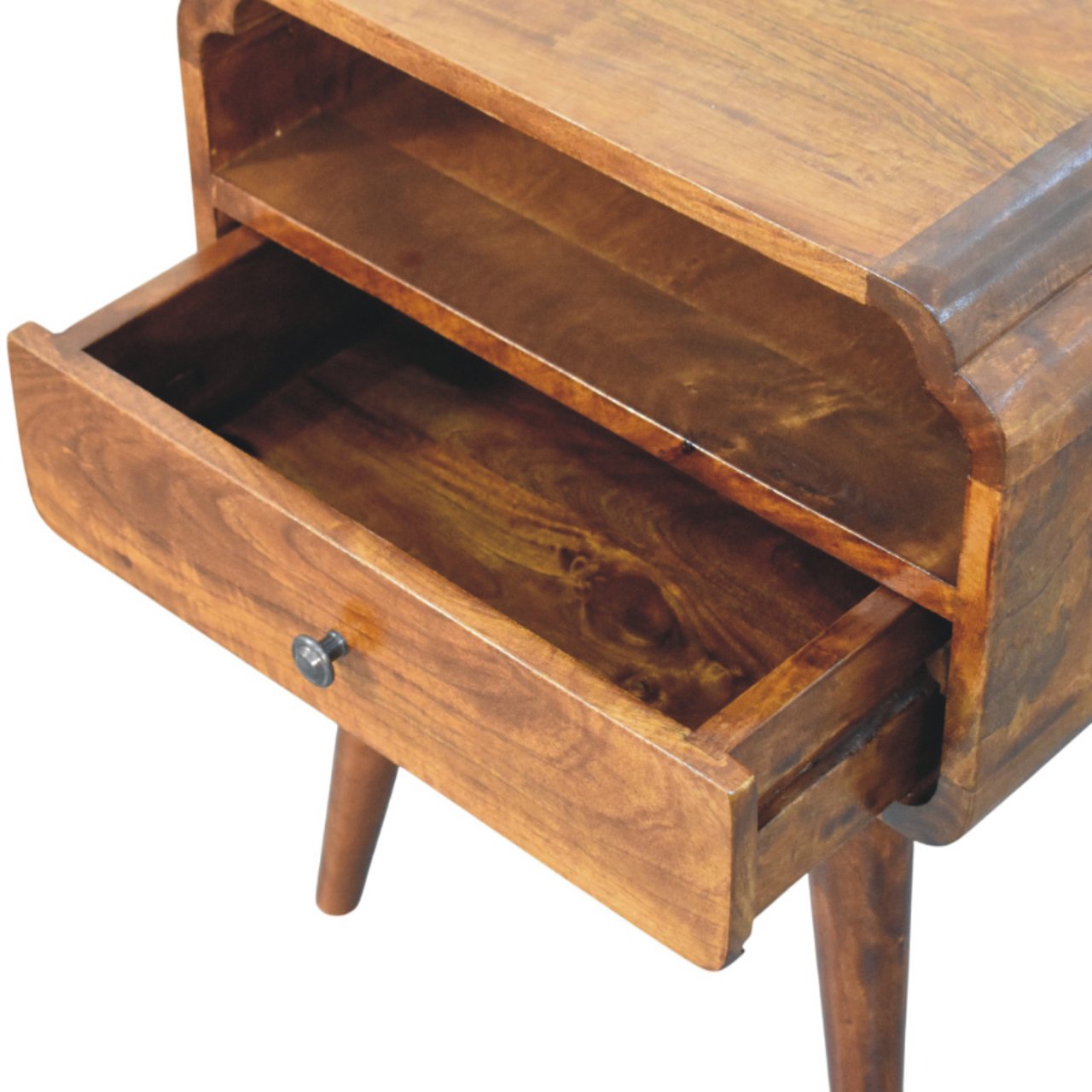 Close top right angle of Chestnut Nightstand with drawer open showing interior storage