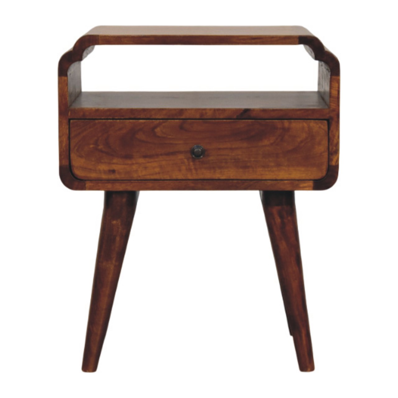 Front view of Chestnut Nightstand showing drawer with brass knob, open shelf and tapered legs