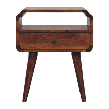 Front view of Chestnut Nightstand showing drawer with brass knob, open shelf and tapered legs