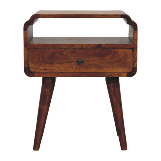 Front view of Chestnut Nightstand showing drawer with brass knob, open shelf and tapered legs