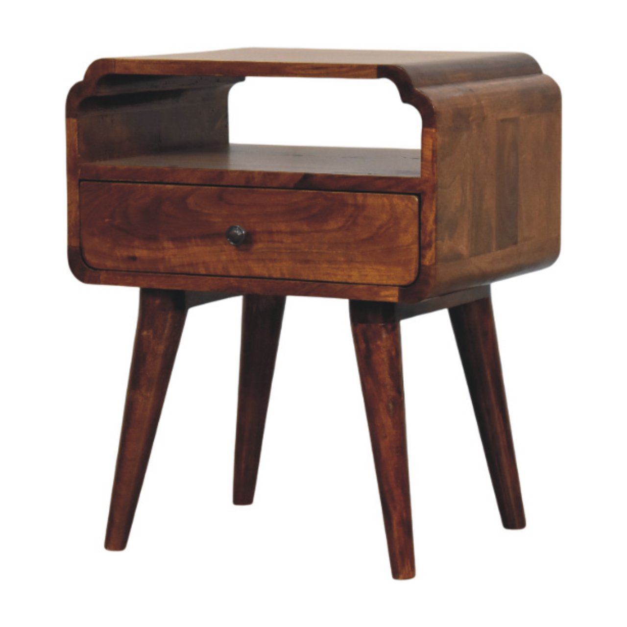Right side view of Chestnut Nightstand showing curved design and tapered legs
