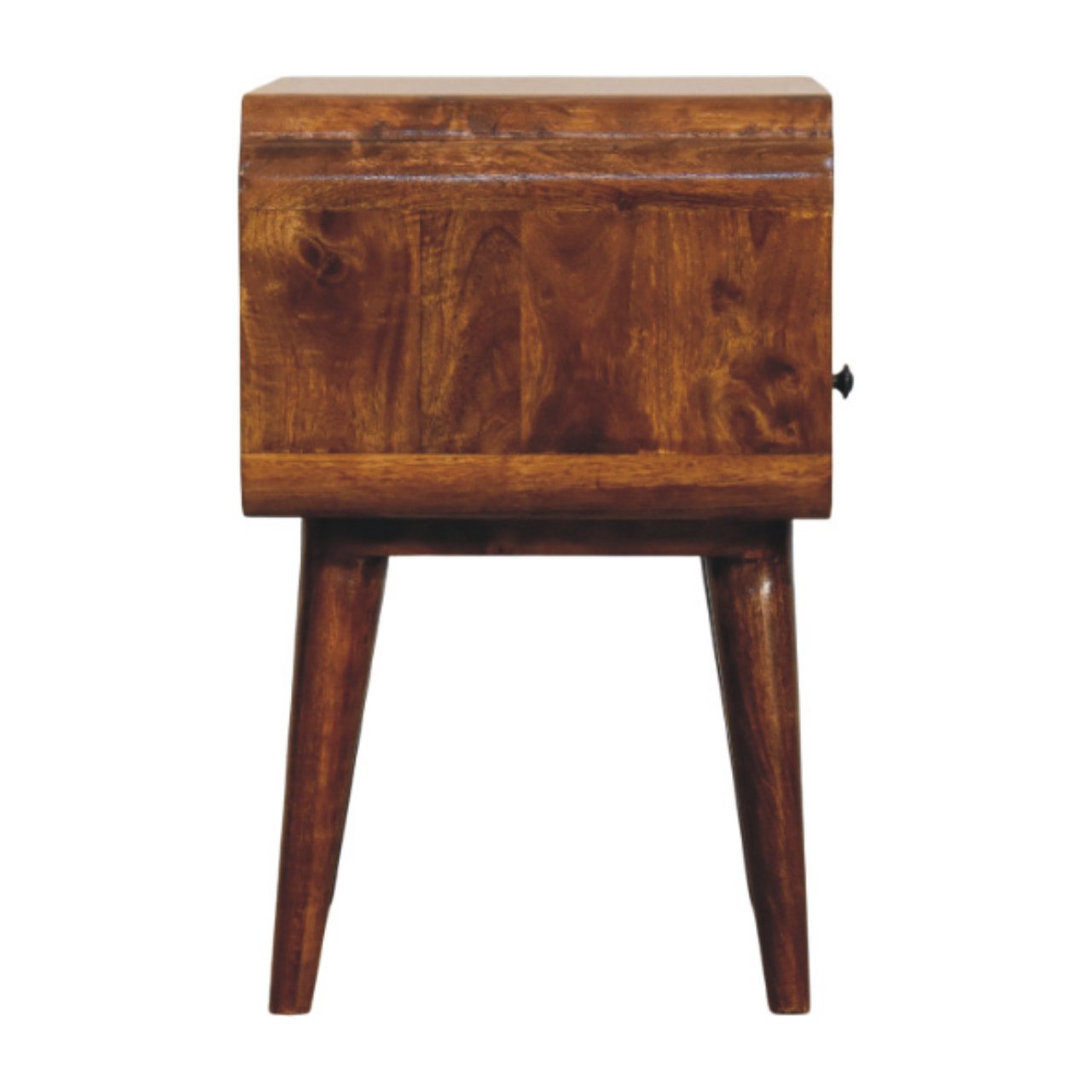 Side profile of Chestnut Nightstand showing full height, open shelf and tapered legs