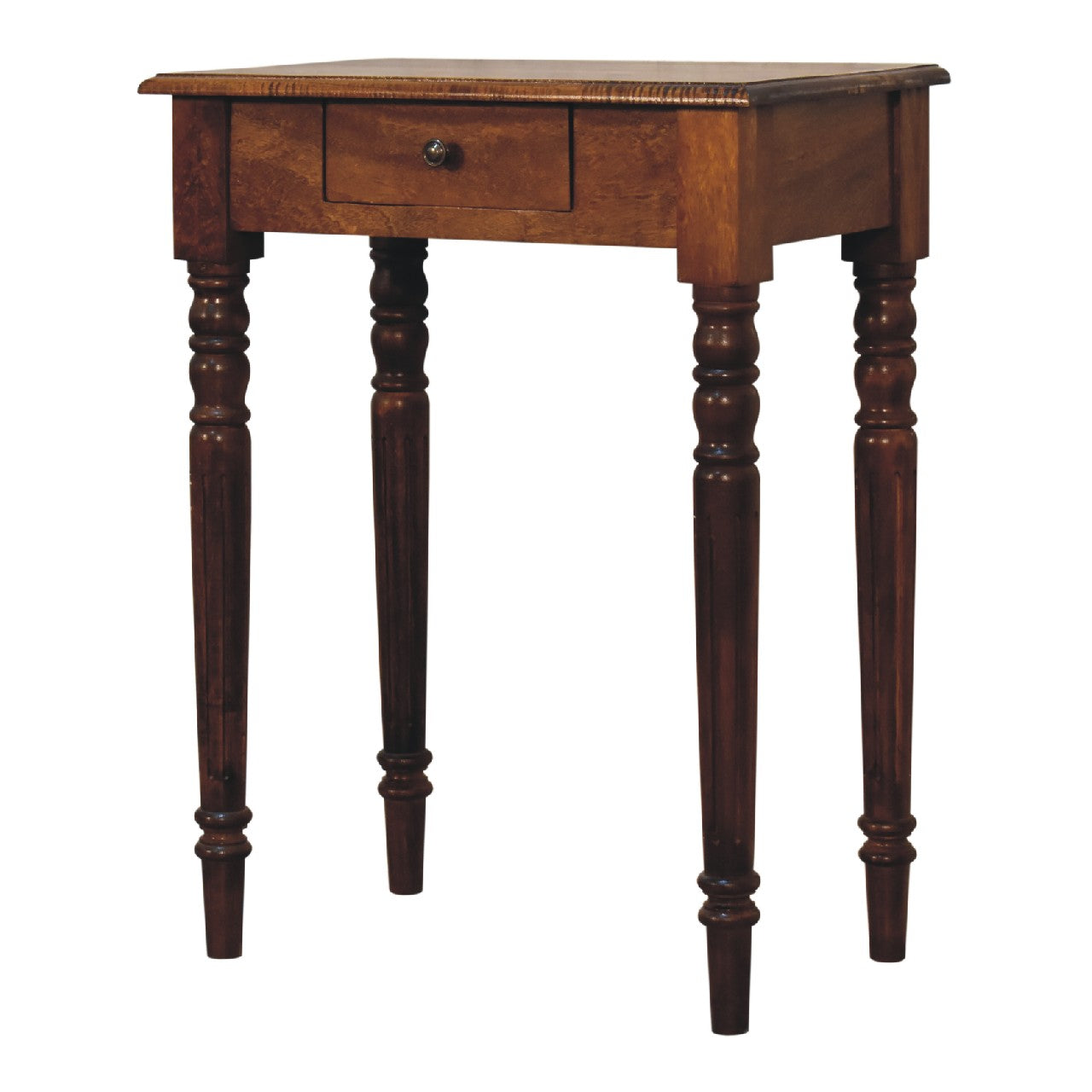 Wooden writing desk with a single drawer on a white background