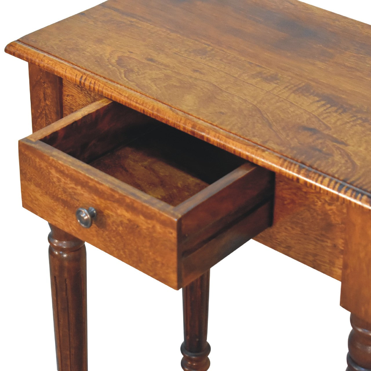 Wooden writing desk with a drawer on a white background