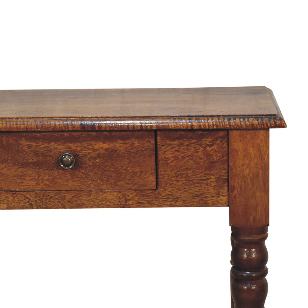 Wooden writing desk with a single drawer on a white background