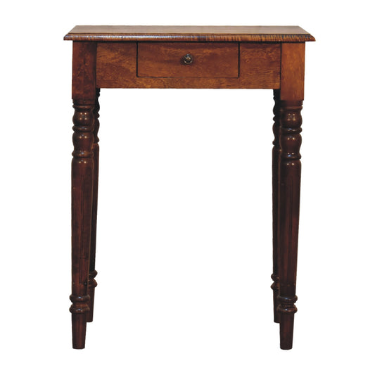 Wooden writing desk with a single drawer on a white background