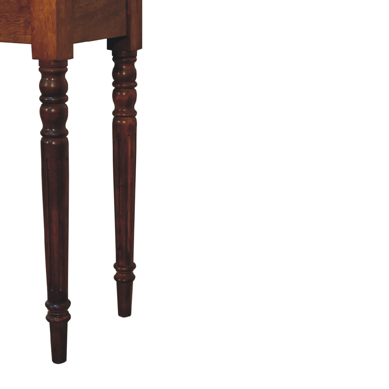 Close-up of a wooden writing desk leg on a white background