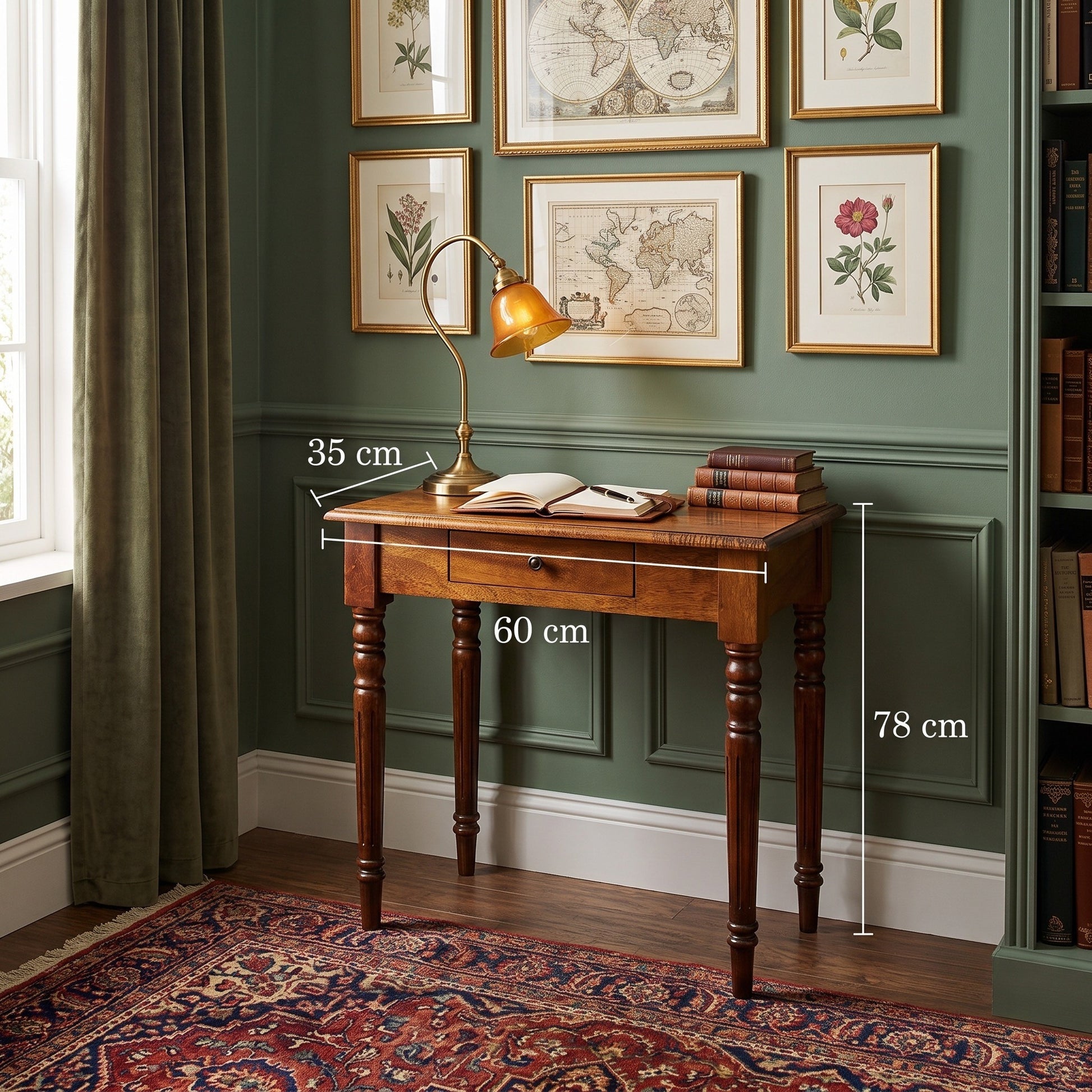 A wooden writing desk with a single drawer and turned legs, styled in a study setting with a desk lamp, books, framed botanical prints, and dimension lines showing its measurements of 60 cm width, 78 cm height, and 35 cm depth.
