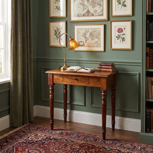 A dark brown wooden writing desk with a single drawer and turned legs, styled in a study with a brass desk lamp, books, framed botanical prints, and a patterned rug against a green paneled wall.