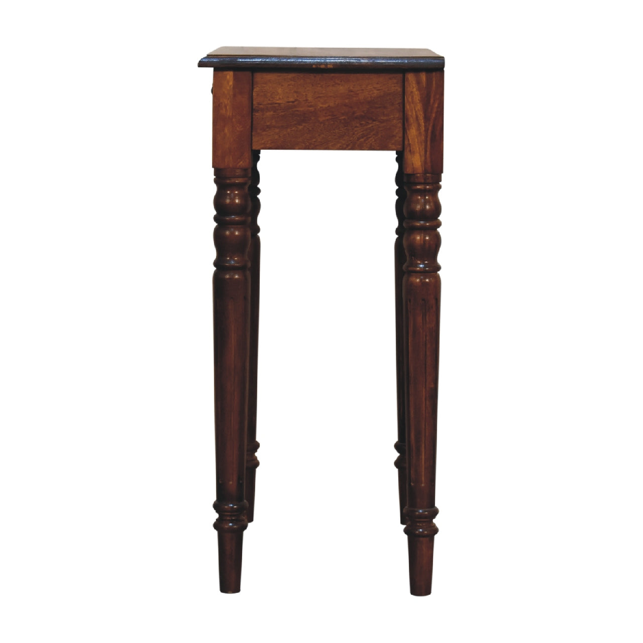 Wooden writing desk with turned legs on a white background