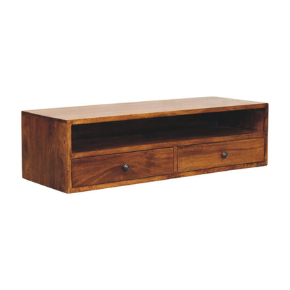 Wooden TV stand with two drawers on a white background