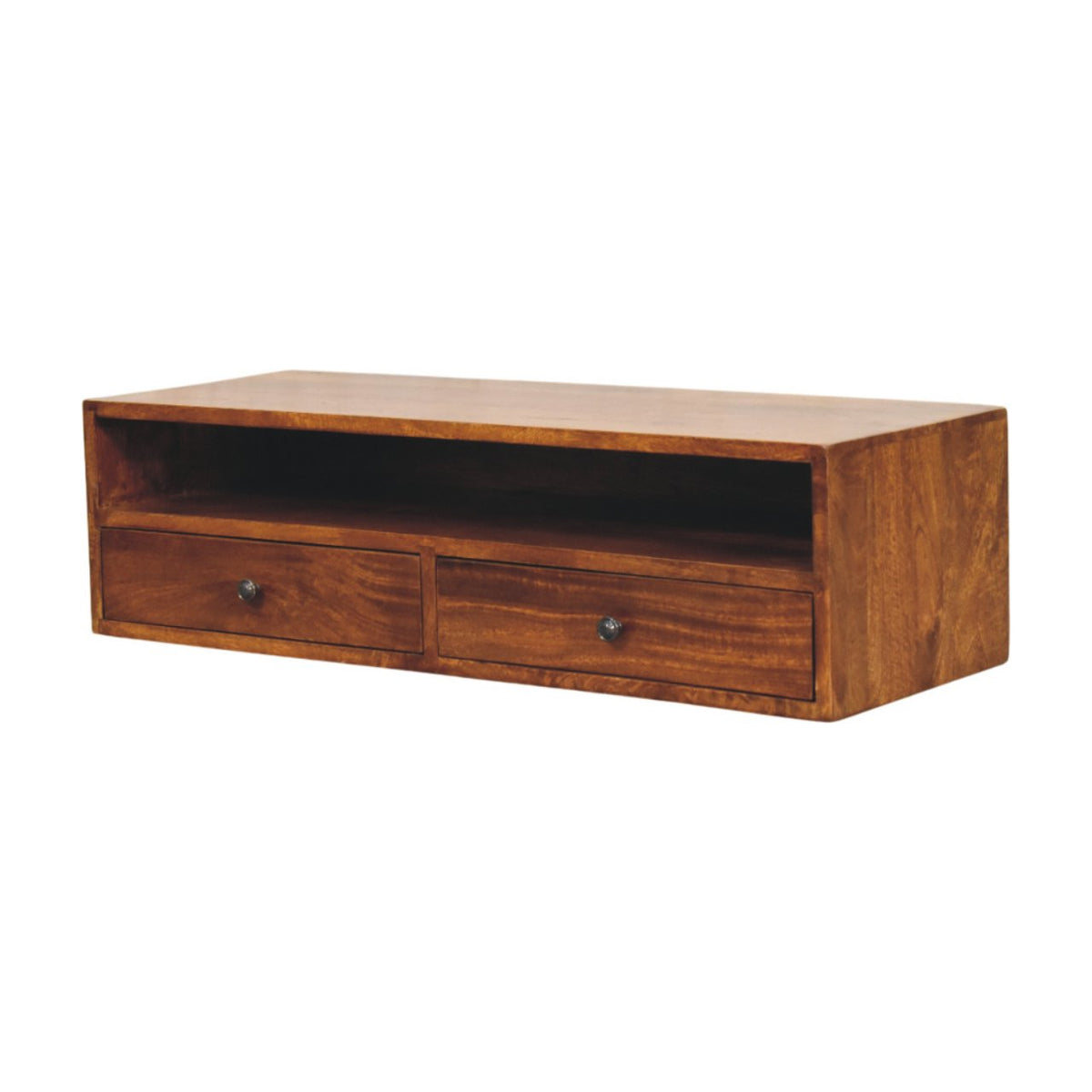 Wooden TV stand with two drawers on a white background