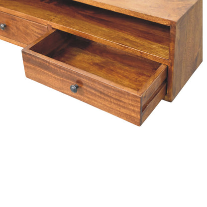 Wooden drawer unit of tv stand with a single open drawer on a white background