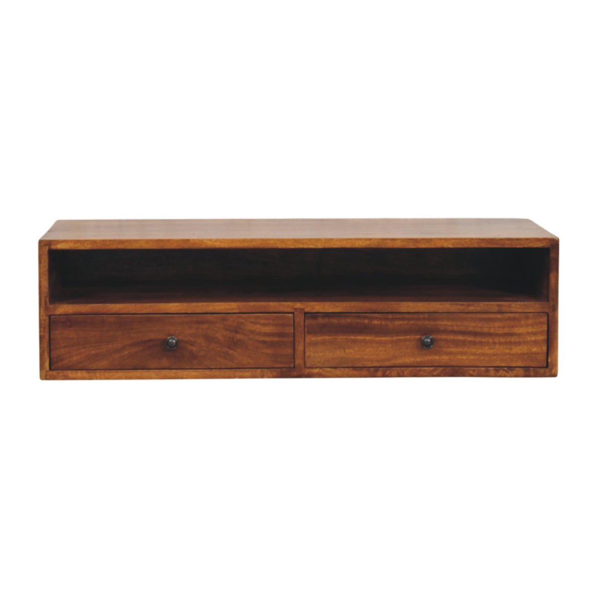 Wooden wall mounted media unit with two drawers on a white background