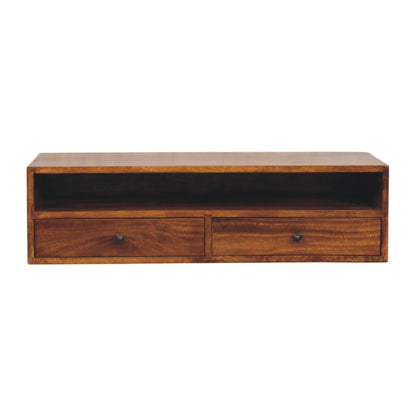 Wooden wall mounted media unit with two drawers on a white background