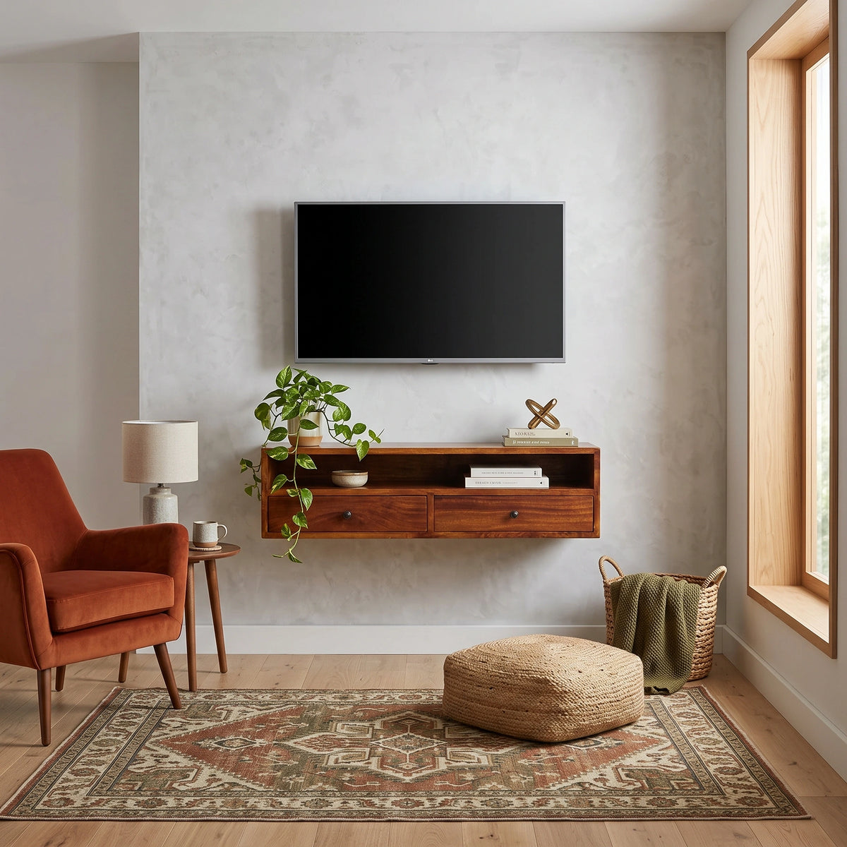A modern living room scene featuring a floating wooden media console mounted on a textured light gray wall beneath a wall-mounted flat-screen TV. The room includes a rust-orange armchair, a patterned area rug, a woven pouf, a small side table with a lamp, and a window with a wood frame.