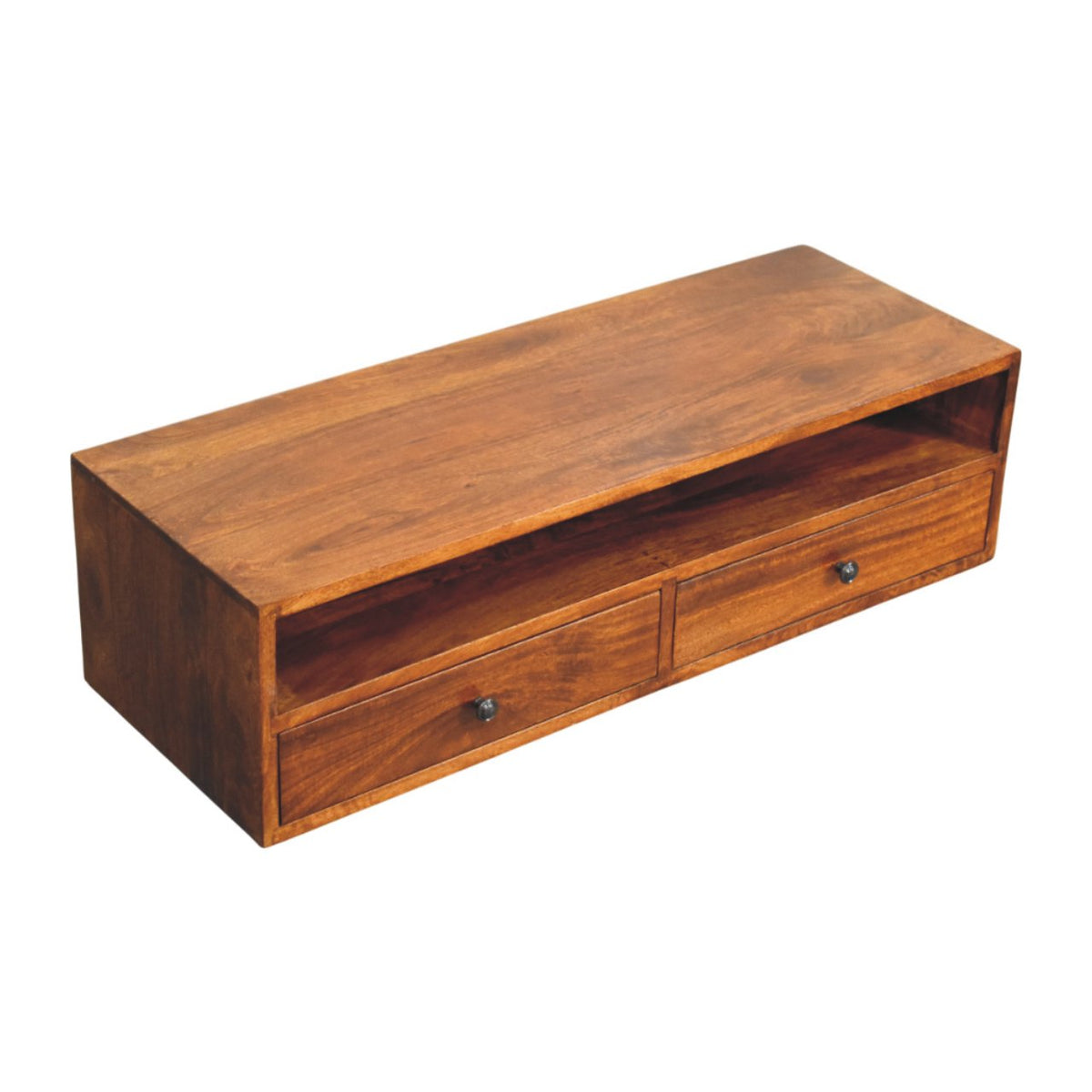 Wooden TV stand with two drawers on a white background