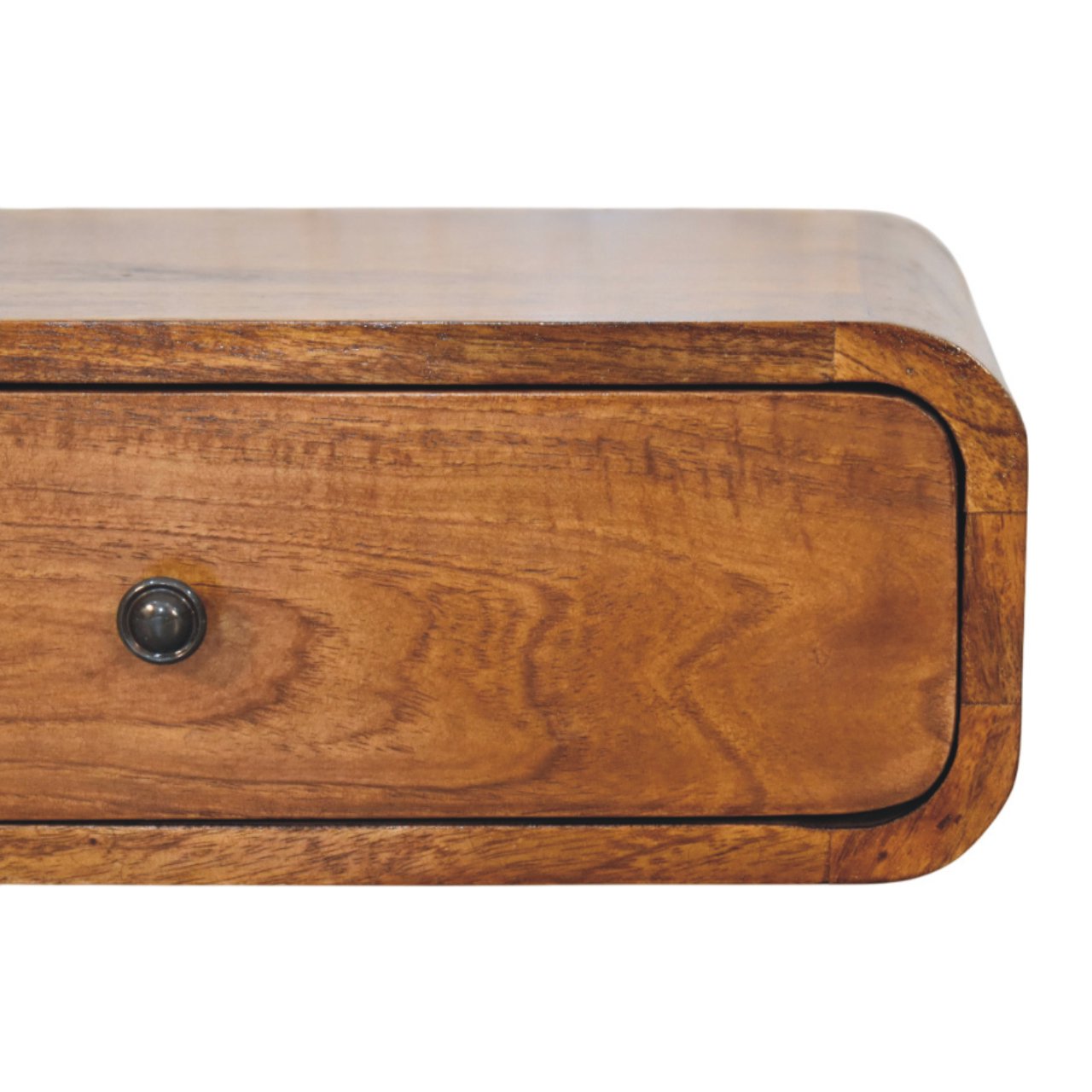 Close front right angle of Wall-Mounted Chestnut Nightstand showing subtle knob and chestnut finish detail