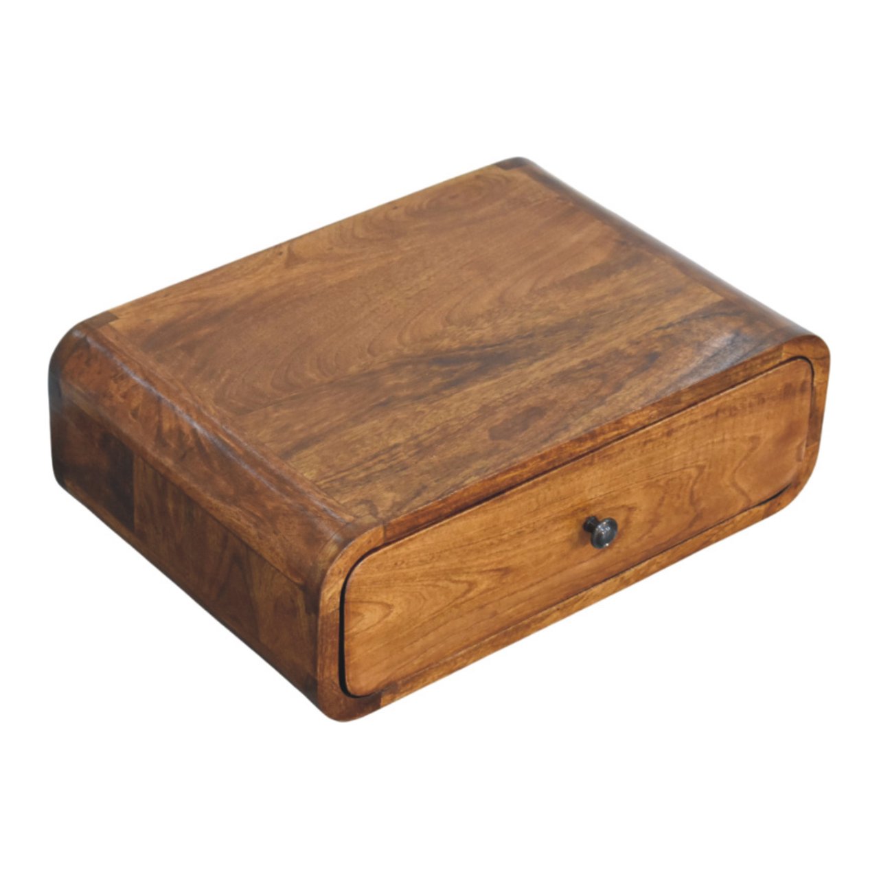 Top left angle view of Wall-Mounted Chestnut Nightstand showing surface and natural wood grain