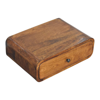 Top left angle view of Wall-Mounted Chestnut Nightstand showing surface and natural wood grain