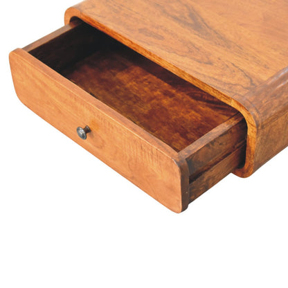 Close top right angle of Wall-Mounted Chestnut Nightstand with drawer open showing interior storage
