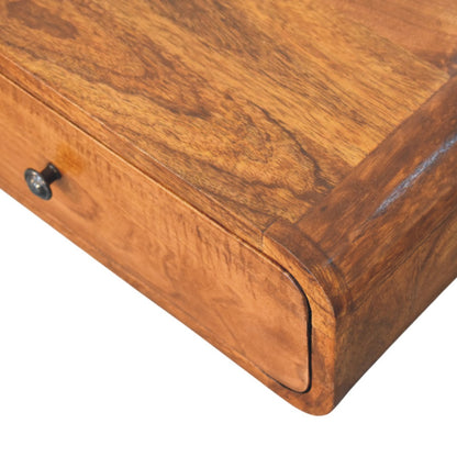 Close upper right angle of Wall-Mounted Chestnut Nightstand showing rounded edges and chestnut finish