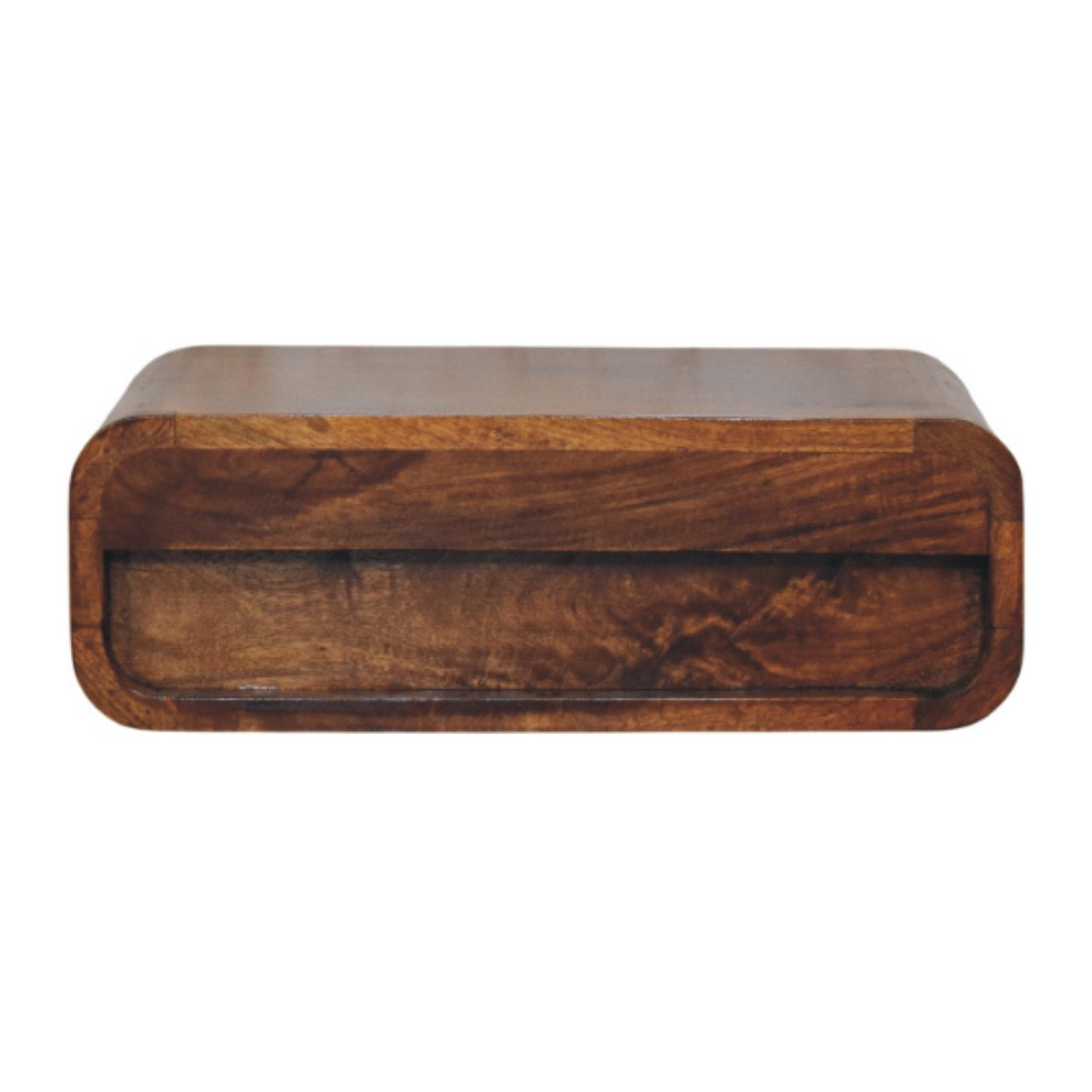 Back view of Wall-Mounted Chestnut Nightstand showing wall mounting area and mango wood construction