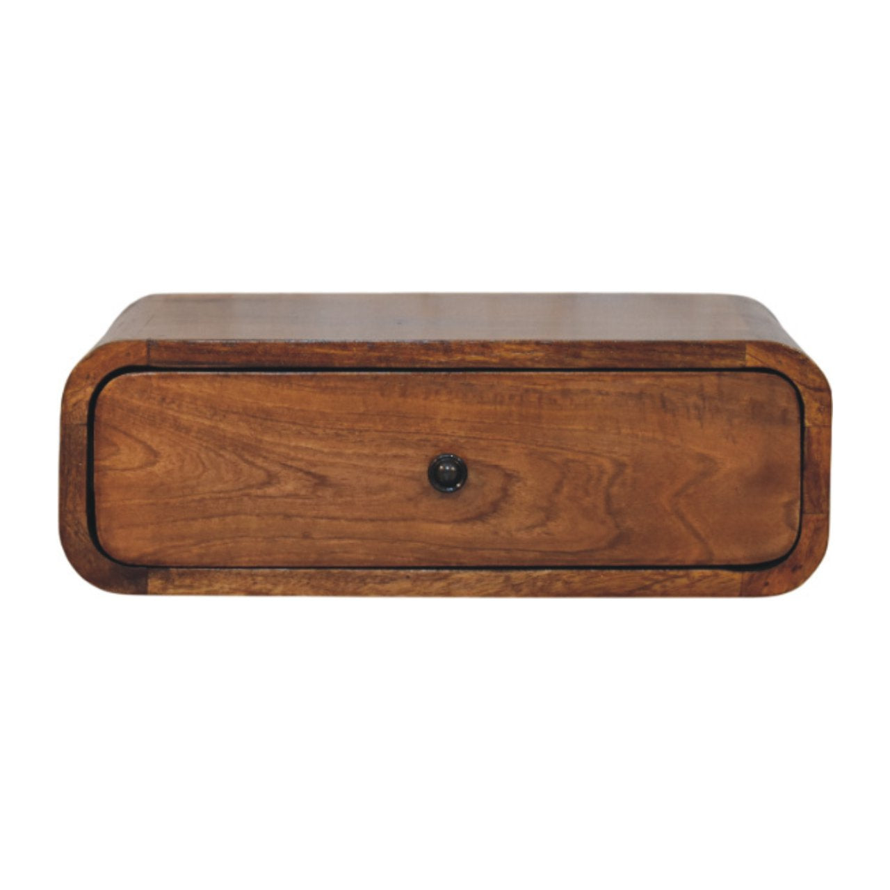 Front view of Wall-Mounted Chestnut Nightstand showing drawer with subtle knob and rounded design