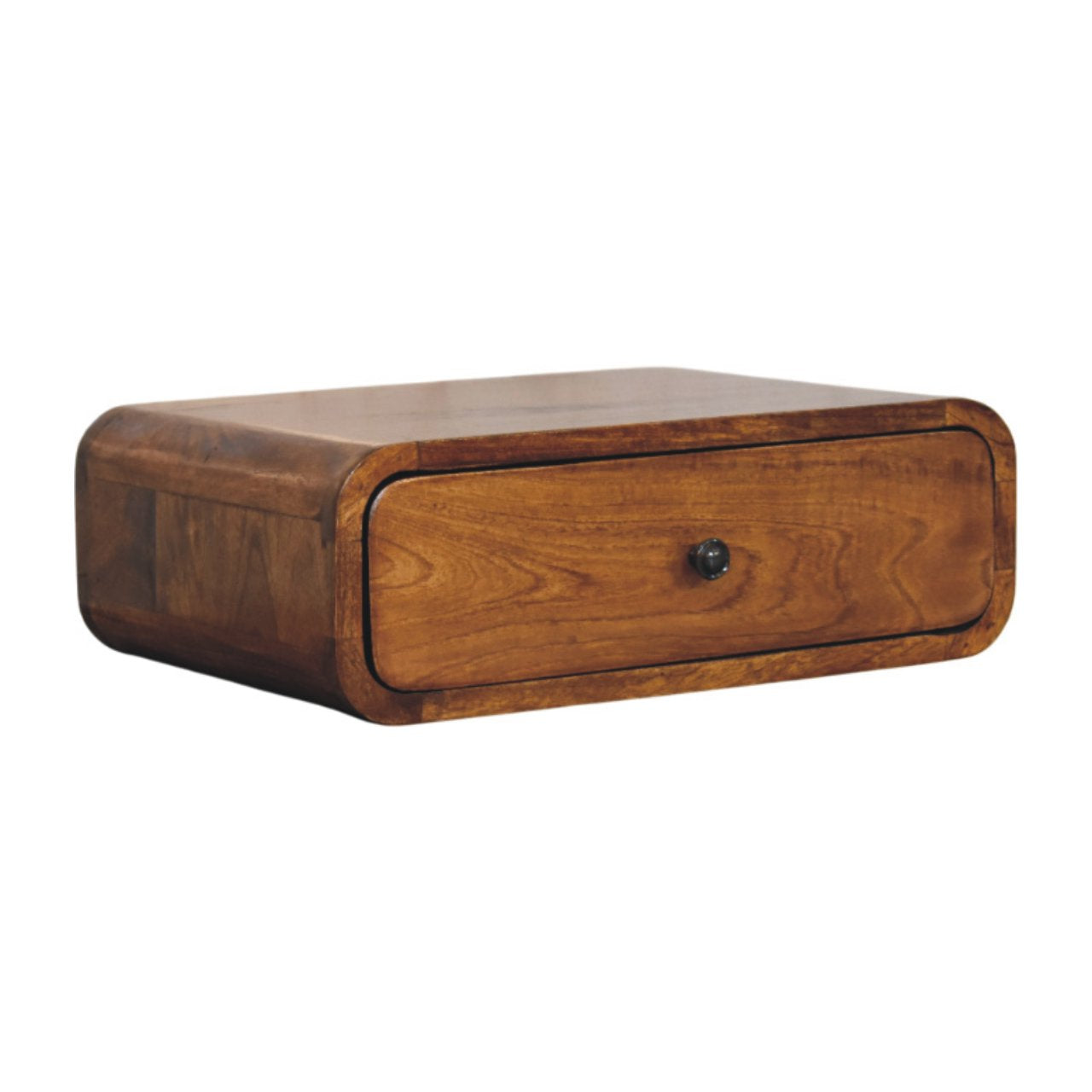 Left side view of Wall-Mounted Chestnut Nightstand in solid mango wood with chestnut finish