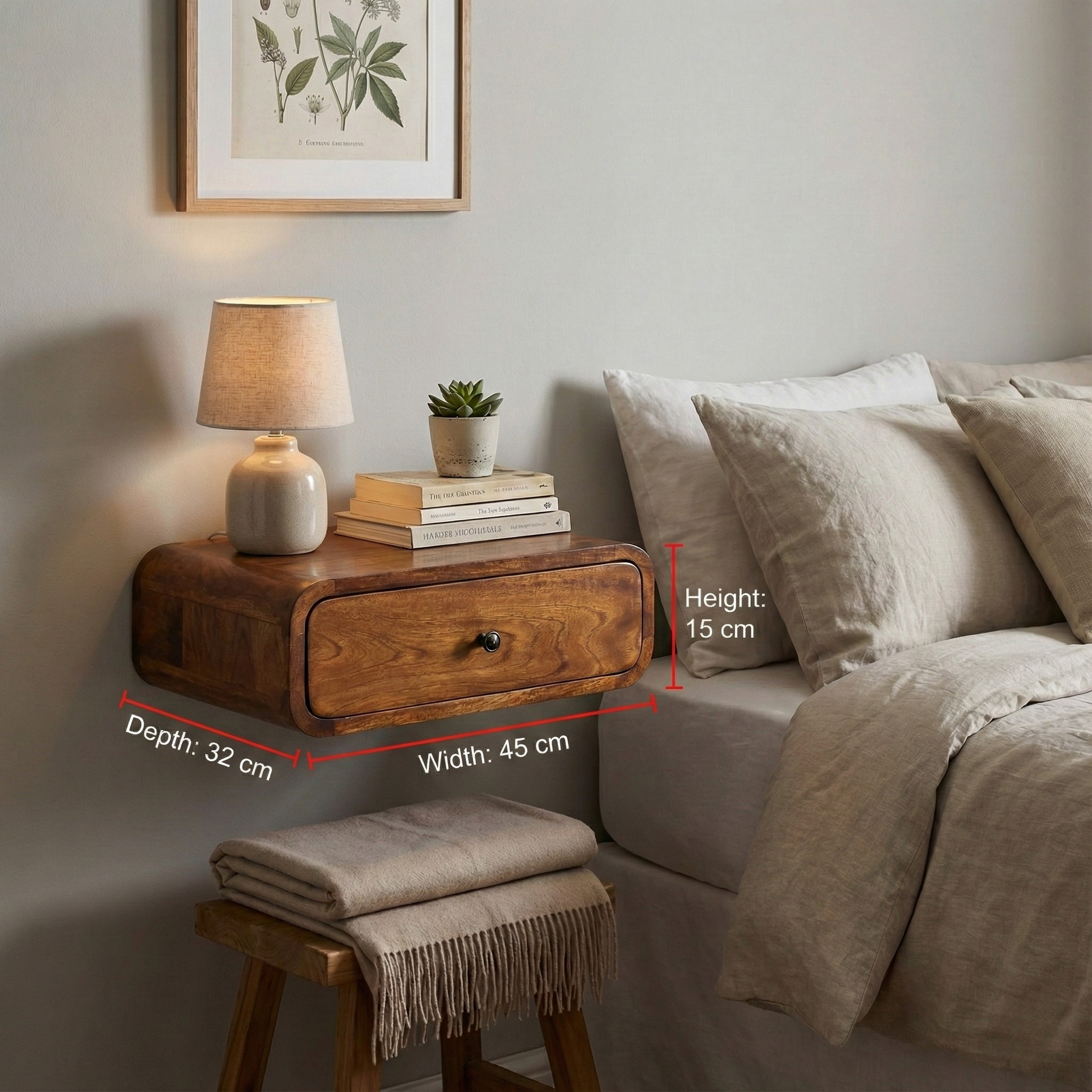 Wall-Mounted Chestnut Nightstand with dimensions: 15 cm height, 45 cm width, 32 cm depth