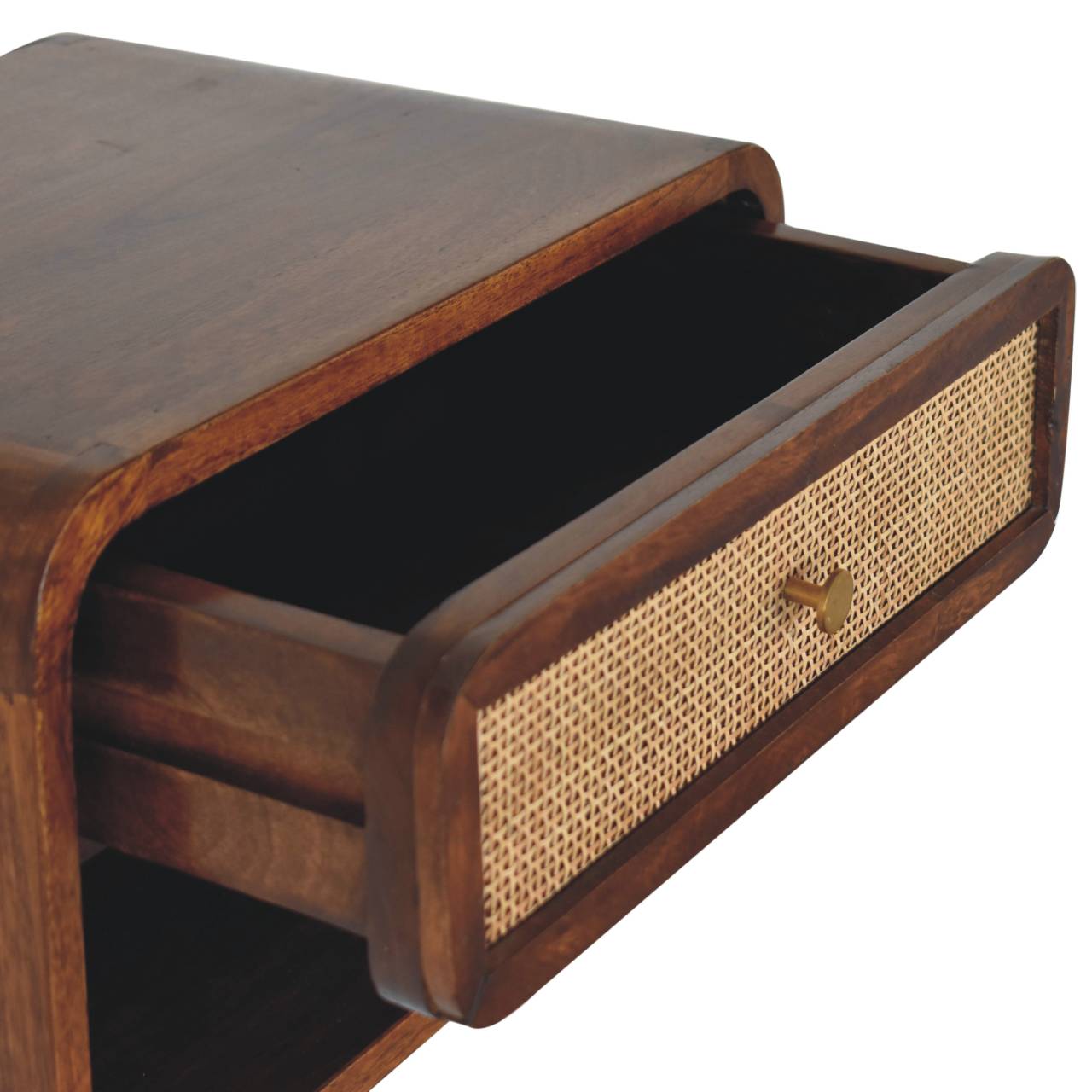 Close front left angle of Chestnut Wall Mounted Open Woven Bedside with drawer open showing interior storage