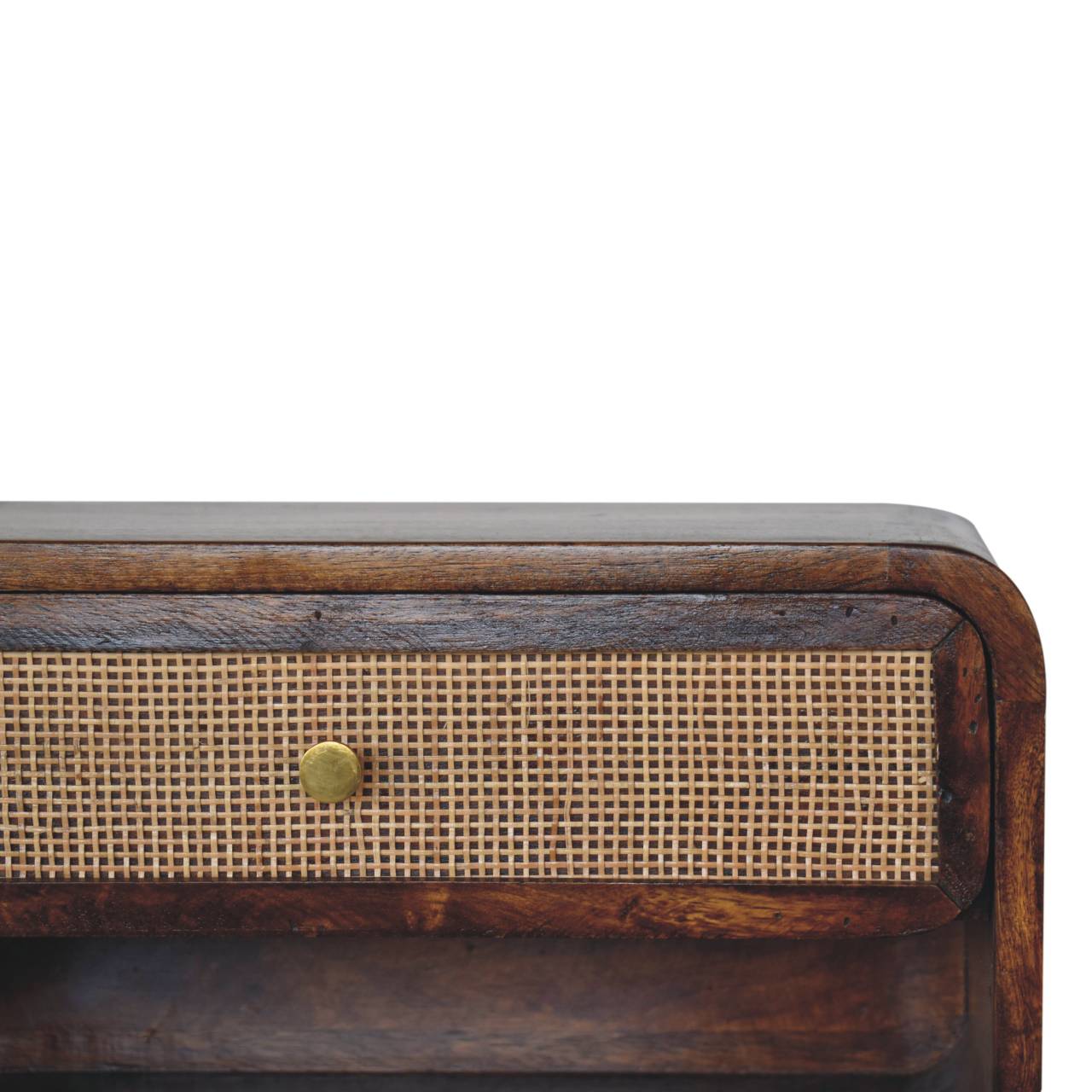 Front right angle of Chestnut Wall Mounted Open Woven Bedside showing woven front and chestnut finish detail