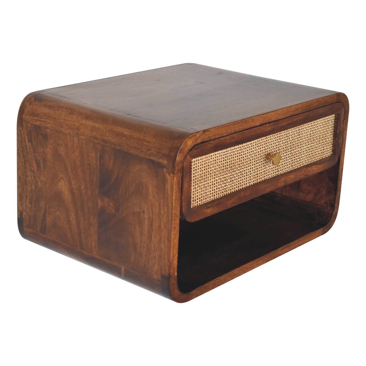 Upper left angle view of Chestnut Wall Mounted Open Woven Bedside showing top surface and chestnut finish