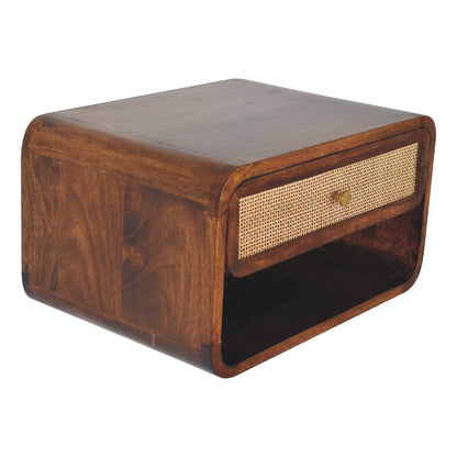 Upper left angle view of Chestnut Wall Mounted Open Woven Bedside showing top surface and chestnut finish