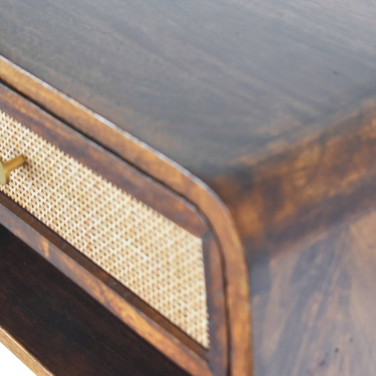 Upper right angle view of Chestnut Wall Mounted Open Woven Bedside showing woven texture and mango wood grain