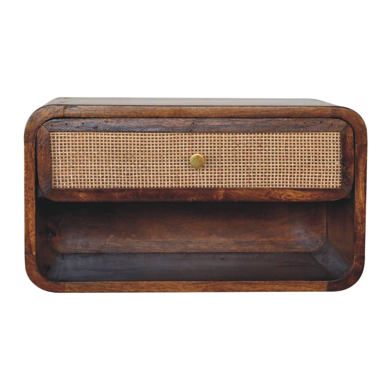 Front view of Chestnut Wall Mounted Open Woven Bedside showing woven front and shiny knob