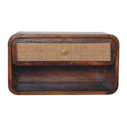 Front view of Chestnut Wall Mounted Open Woven Bedside showing woven front and shiny knob