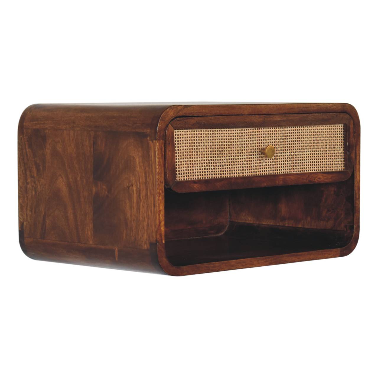 Left side view of Chestnut Wall Mounted Open Woven Bedside in solid mango wood with chestnut finish