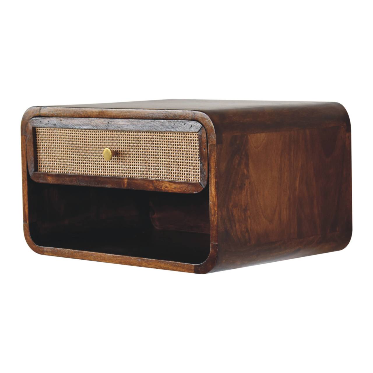Right side view of Chestnut Wall Mounted Open Woven Bedside showing depth and wall-mounted profile