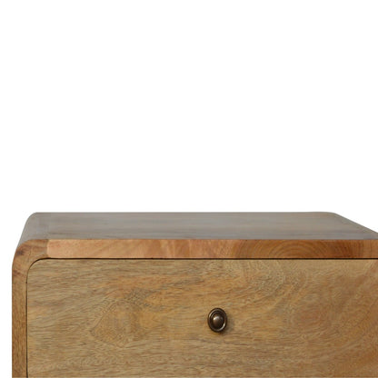 Close front view of Curved Oak-ish Bedside showing shiny knobs and curved edge detail