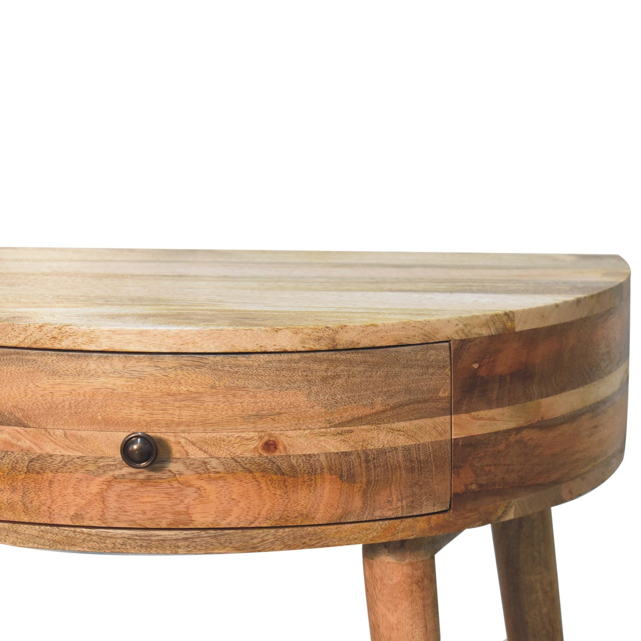 Close front right angle of Console Table showing brass knob and oak finish detail