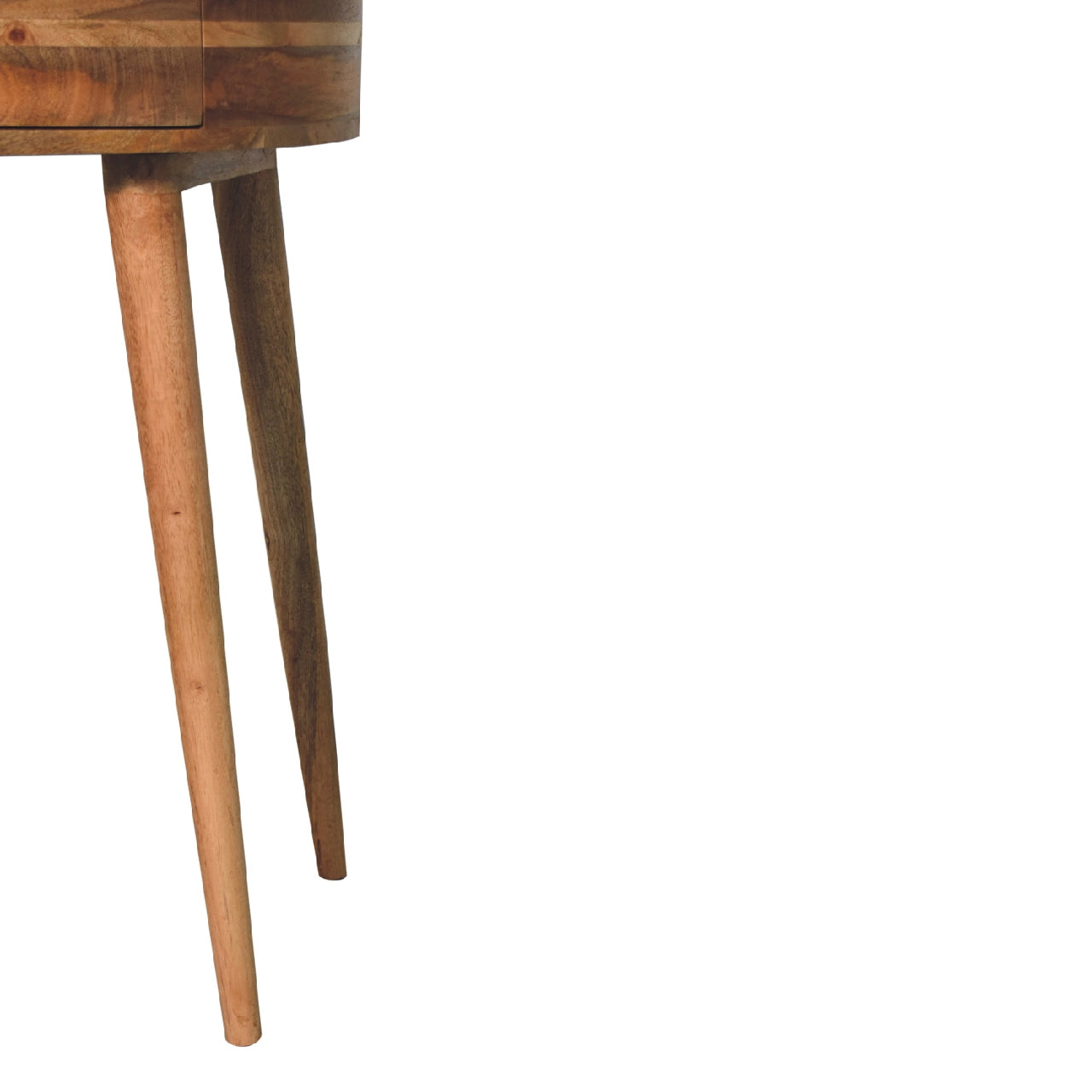 Lower right angle of Console Table highlighting legs and circular base design