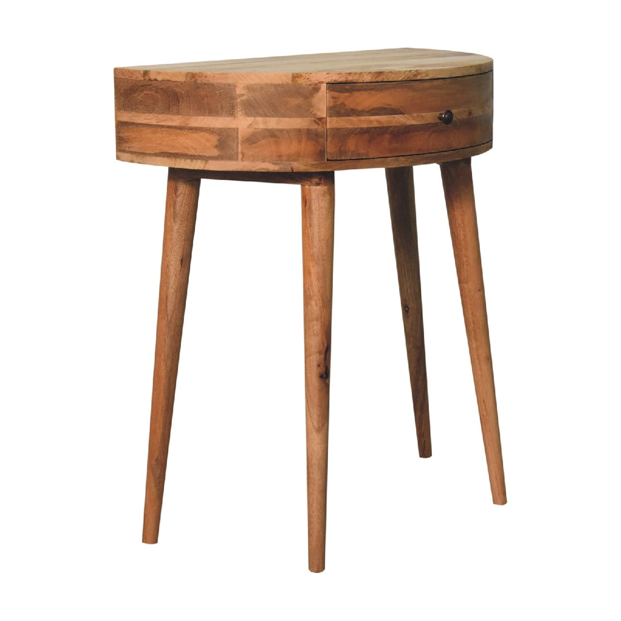 Left side view of Console Table showing circular design and oak finish