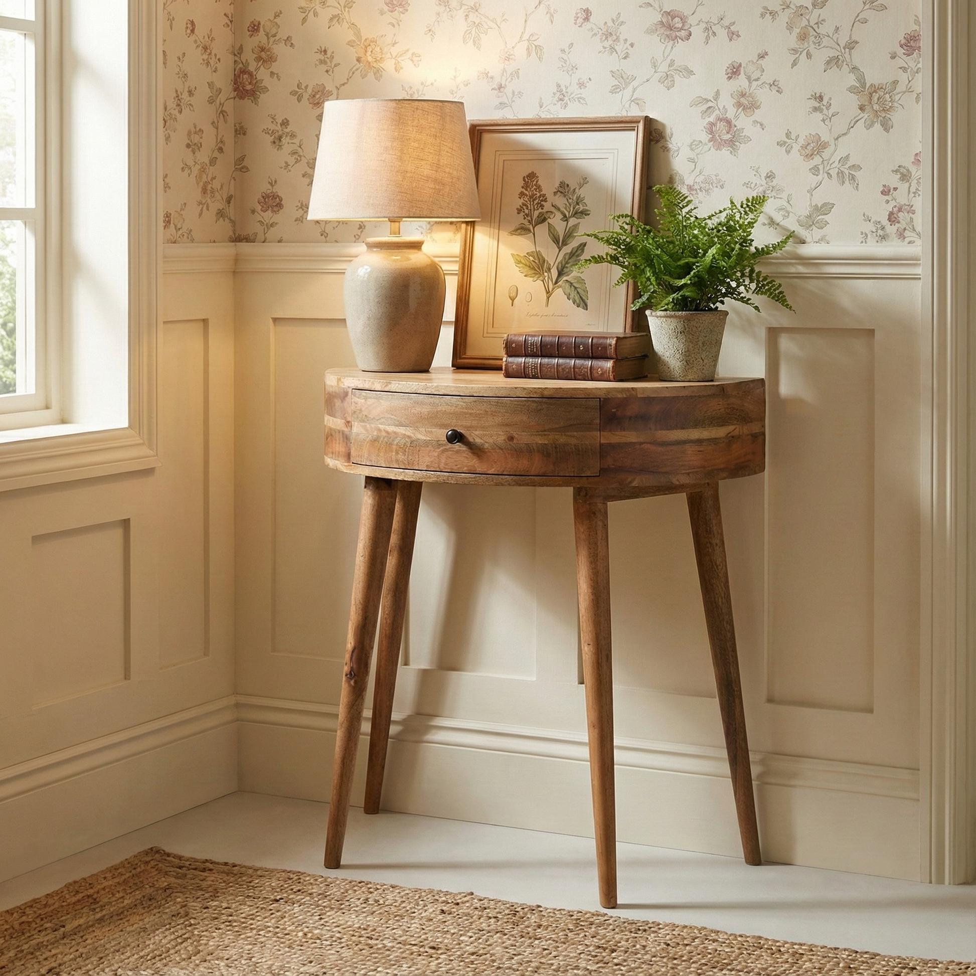 Console Table in oak finish styled as an accent piece in a home interior