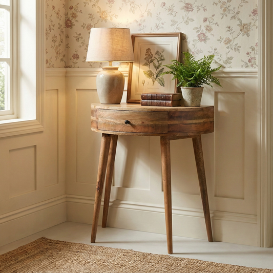 Console Table in oak finish styled as an accent piece in a home interior