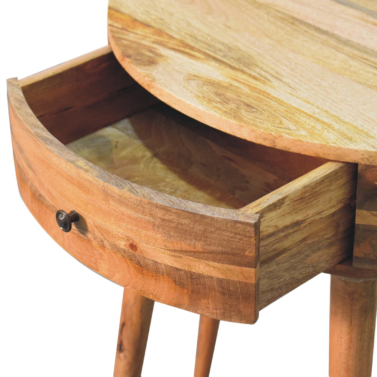 Close top-down view of Console Table with drawer open showing interior storage