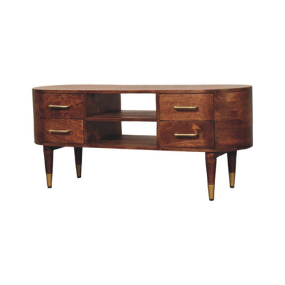 Curved 2-drawer media unit in solid mango wood, Winewood Oak finish – left angle view