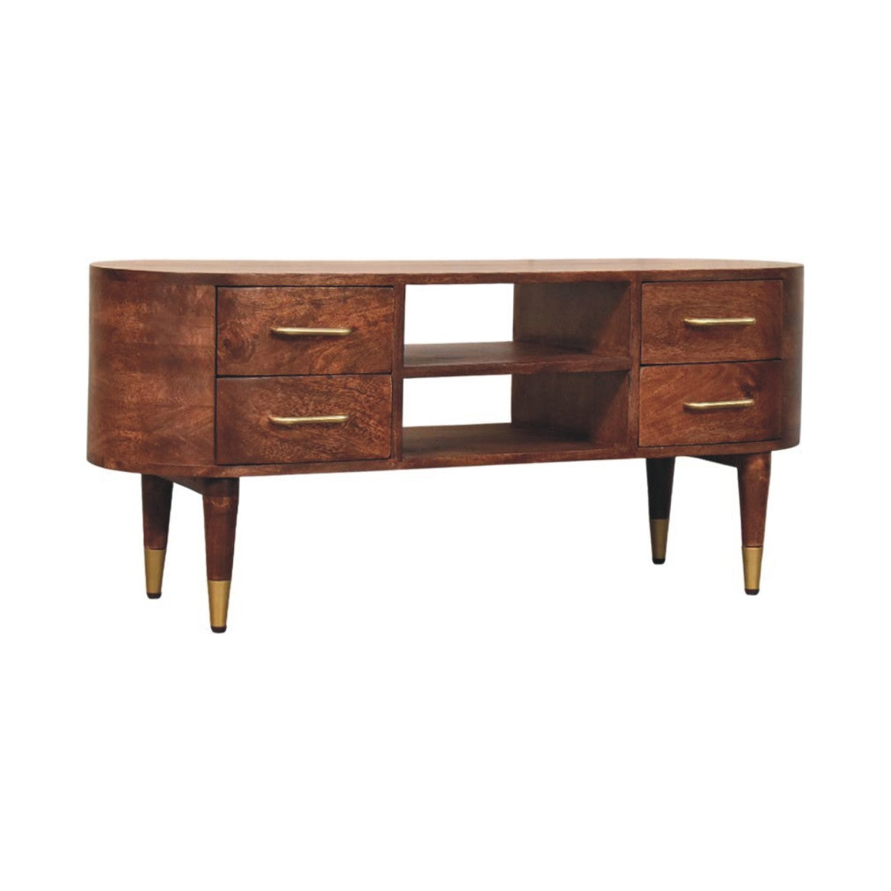 Curved 2-drawer media unit in solid mango wood, Winewood Oak finish – right angle view